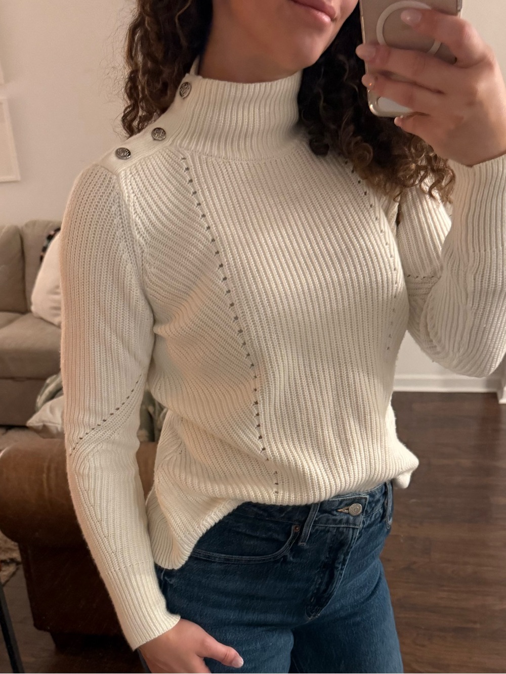 White Button-Shoulder Ribbed Turtleneck Sweater